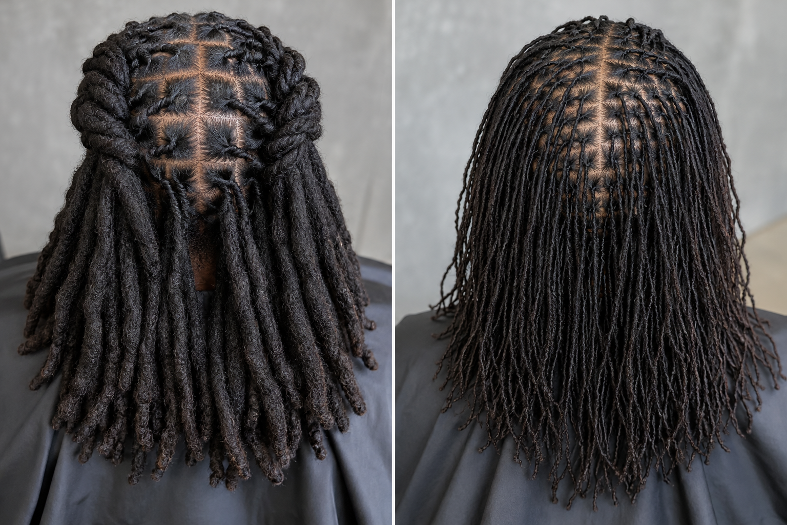 Close-up of traditional locs with neat retwisted roots and a barrel-twist style