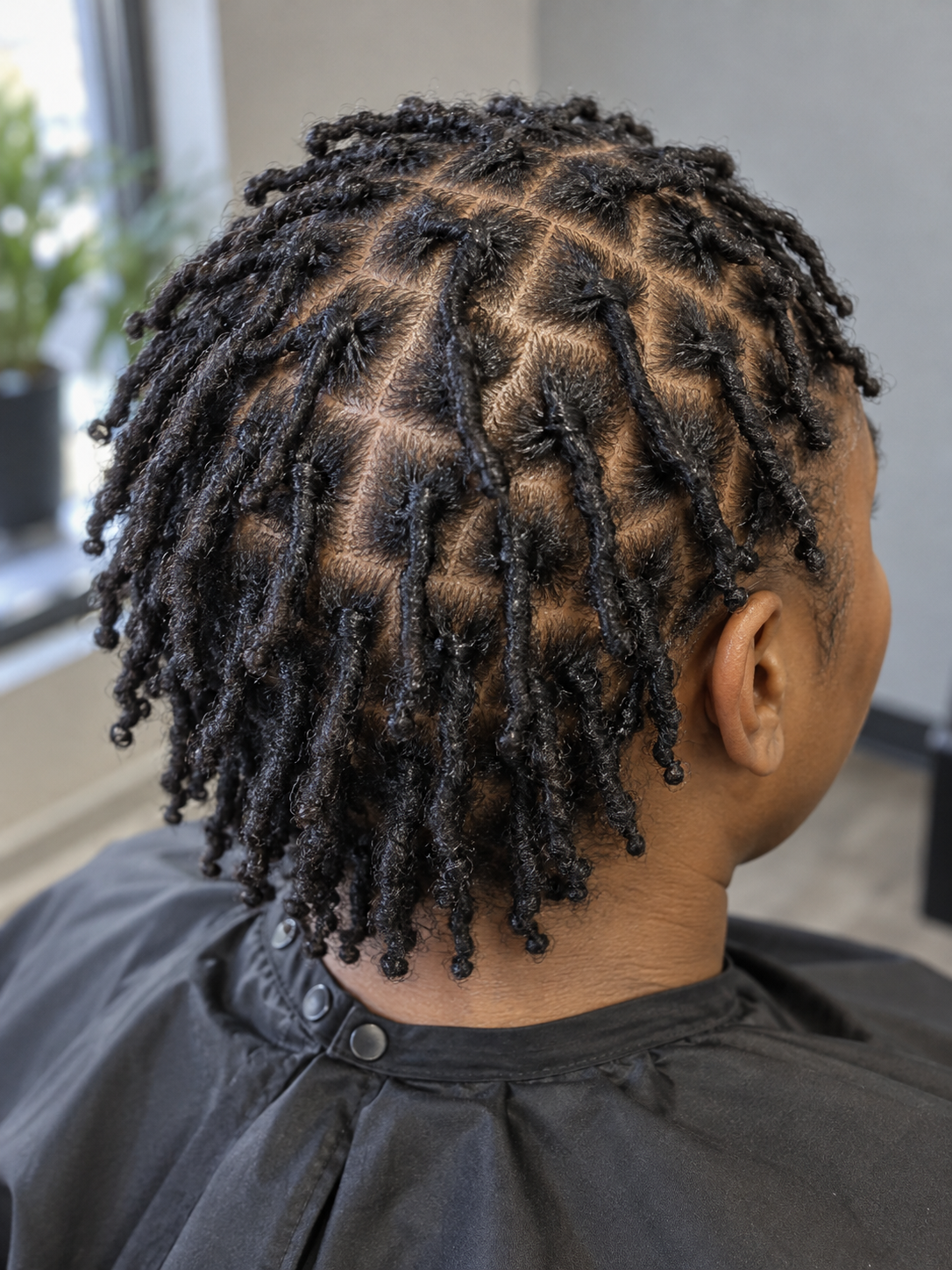 Short starter locs on natural hair with neat sections, without extensions